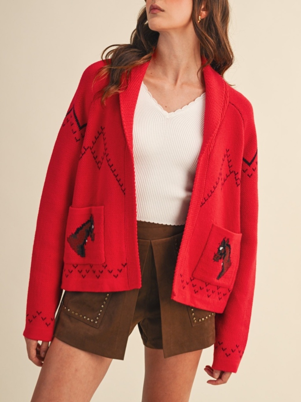 Red Horse Western Knit Shawl Collar Relaxed Fit Cardigan Sweater Fall
